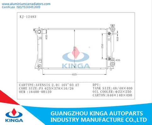 Radiador 2003 de Toyota para OEM 16400-0H120 PA16/26 de AVENSSIS 2.0I 16V EN proveedor