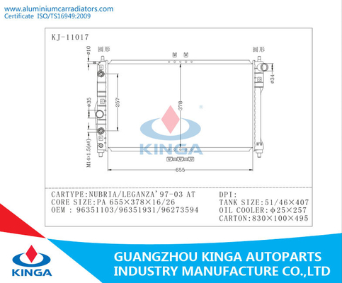 Radiador auto fresco del agua de aluminio natural para Daewoo Nubria/OEM 96351103 de Leganza proveedor