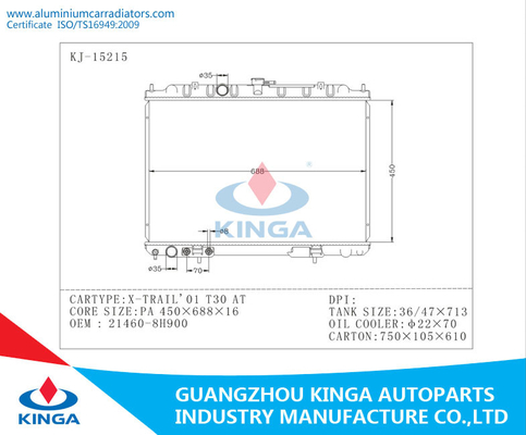 X - OEM de aluminio 21460 de los radiadores del coche del sistema de enfriamiento T30 del RASTRO 01 - 8H900 EN PA16mm proveedor