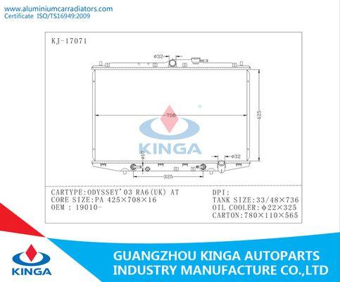 Radiadores del diseñador del OEM 19010 para Honda Odyssey 03 RA6 (Reino Unido) EN PA 16m m proveedor