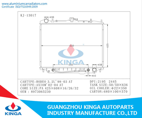 Radiador de aluminio de las piezas del motor para OEM 8973065230 del RODEO 3.2L 98-03/AXIOM 02-04 de Toyota EN proveedor
