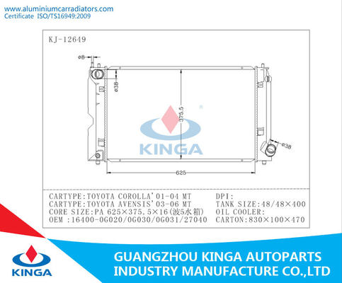 TOYOTA COROLLA 01-04 radiadores nacionales de la TA de TOYOTA AVENSIS 03-06 del radiador del funcionamiento proveedor