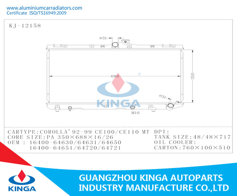 Traje del radiador del sistema de enfriamiento de Enging Toyota en TA CE100 de COROLLA 92 - 99/CE110 proveedor