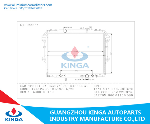 Radiador de aluminio del radiador de Toyota Camry para INNOVA'04 KUN40 DIESEL EN proveedor