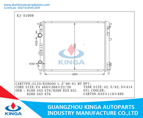 Radiadores de aluminio del coche del OEM 8100 343 476/8200 033 831/8200 343 476 Renault proveedor