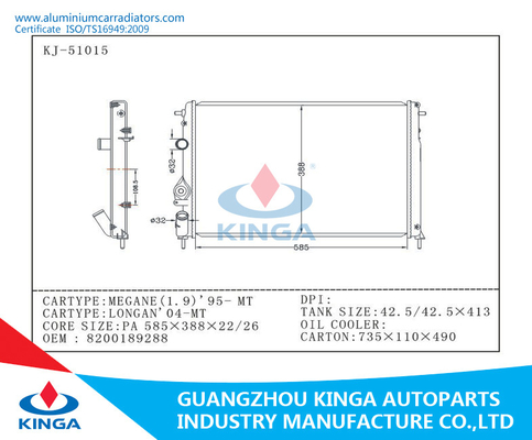 Renault Megane 95 y OEM de aluminio 8200189288 del radiador de la aduana del Longan 04 proveedor