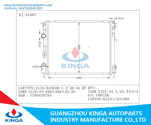 OEM de aluminio 7700430784 de Raidators del coche de la TA 98-01 RENAULT de CLIO/KANGOO 1,2 proveedor